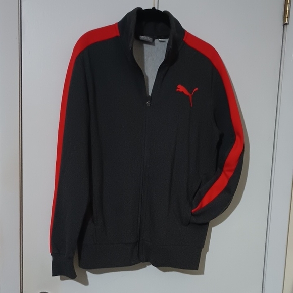 Puma Small Zip Up Fleece Lined Jacket Dark Gray With Red Stripes 2 Front Pockets - Picture 1 of 5